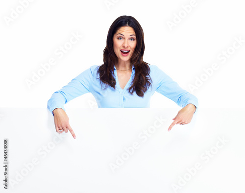 Photo: Happy woman with banner. Happy woman with banner.