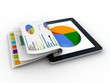 Tablet showing a spreadsheet and a paper with statistic charts,