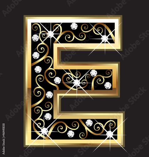 Vector: E gold letter with swirly ornaments E gold letter with swirly ornaments