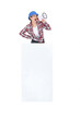 craftswoman shouting through megaphone behind a blank poster