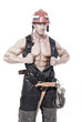 Portrait of handsome man posing on black background in fireman c