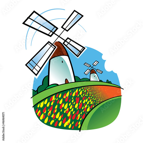 Vector: World famous landmark - Dutch Windmills and Tulips Flowers World famous landmark - Dutch Windmills and Tulips Flowers