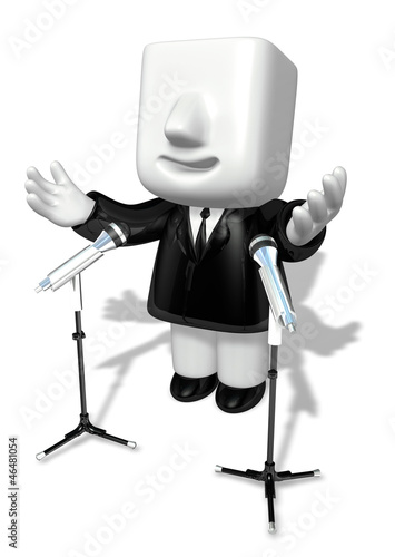 Illustration: 3d business man speaking behind stand mike 3d business man speaking behind stand mike