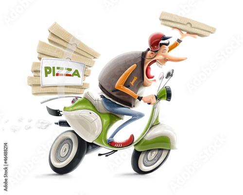 Illustration: man delivering pizza on bicycle illustration isolated on white man delivering pizza on bicycle illustration isolated on white