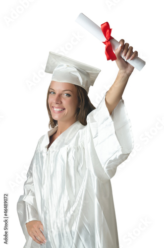 Photo: Young student with diploma on white Young student with diploma on white