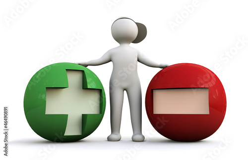Illustration: 3D Man with plus and minus symbols 3D Man with plus and minus symbols