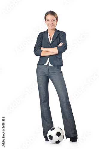 Photo: Businesswoman with football on white Businesswoman with football on white