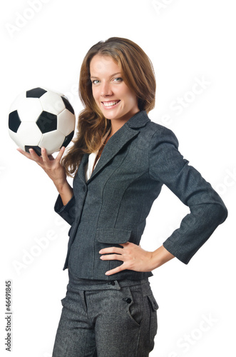 Photo: Businesswoman with football on white Businesswoman with football on white