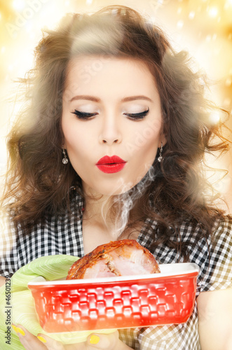 Photo: lovely housewife with meat lovely housewife with meat