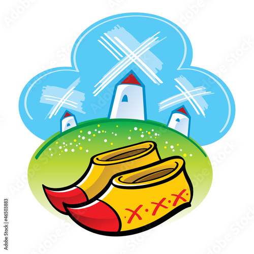Vector: Dutch national wooden Shoes lawn flower tulips and windmills Dutch national wooden Shoes lawn flower tulips and windmills