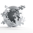 Illustration: exploding ball of gray puzzle pieces on white background exploding ball of gray puzzle pieces on white background