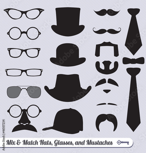 Vector: Vector Set: Mix of Glasses, Hats, Mustaches, and Ties Vector Set: Mix of Glasses, Hats, Mustaches, and Ties