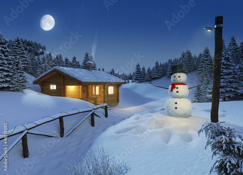Illustration: log cottage in a winter christmas scene log cottage in a winter christmas scene