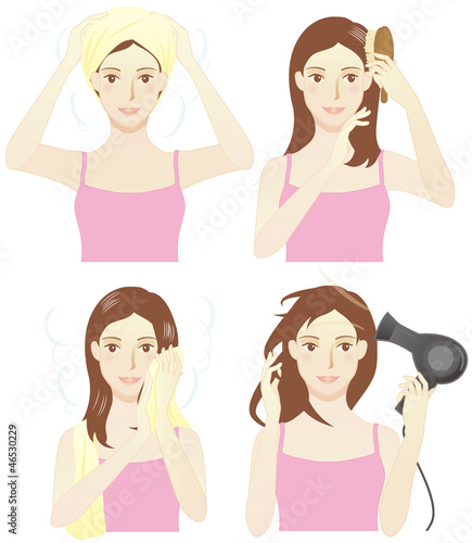 Vector: ヘアケア(タオルを巻く・ブラッシング・タオルで拭く・ドライヤーで乾かす) ヘアケア(タオルを巻く・ブラッシング・タオルで拭く・ドライヤーで乾かす)