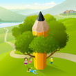 School Children Playing Under Pencil Tree