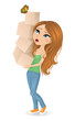 Cute cartoonish woman holding moving boxes.
