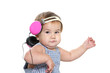Photo: cute baby child in headset isolated over white cute baby child in headset isolated over white