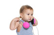 Photo: cute baby child in headset isolated over white cute baby child in headset isolated over white