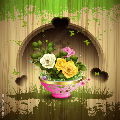 Vector: Carved wood background and flowerpot with roses Carved wood background and flowerpot with roses