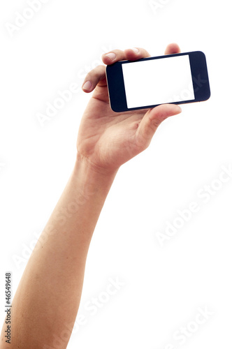 Photo: isolated hand holding smartphone or phone isolated hand holding smartphone or phone