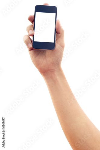 Photo: isolated hand holding smartphone or phone isolated hand holding smartphone or phone
