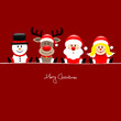 Xmas Sitting Snowman, Rudolph, Santa & Angel Red Background