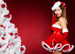 smiling christmas woman on red background with a christmas-tree