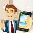 Business man in office  shows a photo resort on the phone