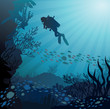 Coral reef with fish and silhouette of diver