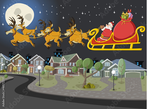 Vector: Santa Claus on sleigh with reindeer flying over suburb Santa Claus on sleigh with reindeer flying over suburb