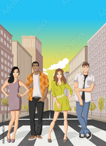 Vector: Cartoon people on downtown street Cartoon people on downtown street