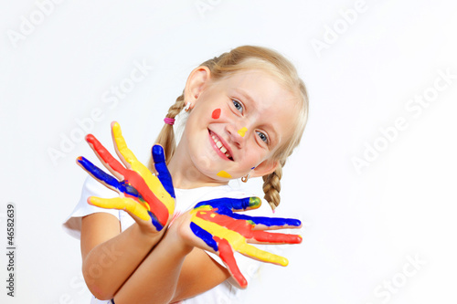 Photo: happy child with paint on the hands happy child with paint on the hands