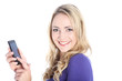 Happy Young Blonde Woman Holding Cell Phone