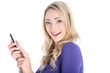 Photo: Happy Young Blonde Woman Holding Cell Phone Happy Young Blonde Woman Holding Cell Phone