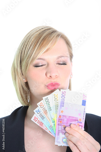 Photo: Beautiful Blonde Woman Holding Euro Notes Beautiful Blonde Woman Holding Euro Notes