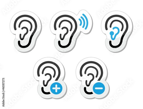 Vector: Ear hearing aid deaf problem icons set as labels Ear hearing aid deaf problem icons set as labels