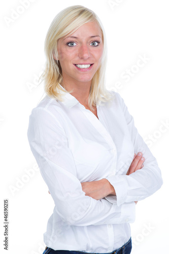 Photo: Blonde Frau in weißem Hemd und gkreuzten Armen Blonde Frau in weißem Hemd und gkreuzten Armen