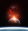 Earth with Planets and Red Nebula on background