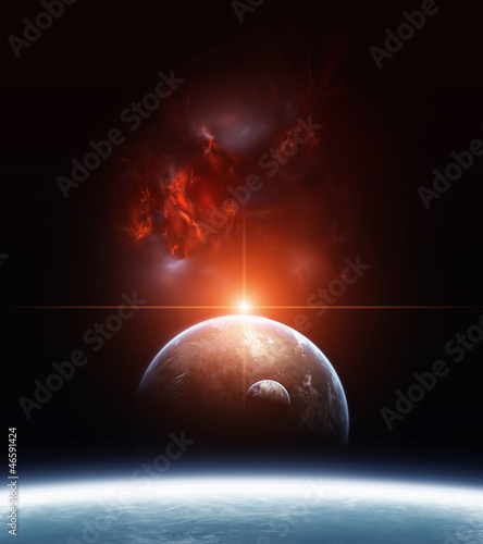 Illustration: Earth with Planets and Red Nebula on background Earth with Planets and Red Nebula on background