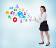 Young business woman presenting colourful social icons