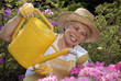 Señora cuidando un jardín,cuidando flores,bañando plantas.