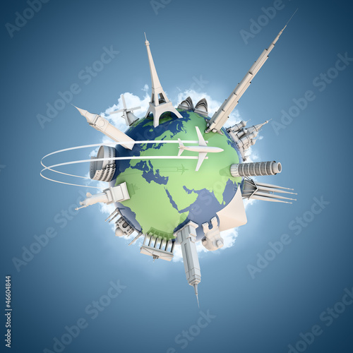 Illustration: Globe with landmarks in 3D Globe with landmarks in 3D