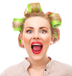Funny pin-up girl screaming, close-up portrait isolated on white
