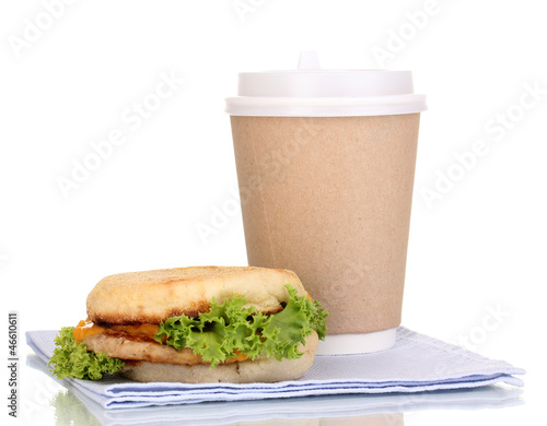Photo: Paper cup of coffee and burger isolated on white Paper cup of coffee and burger isolated on white