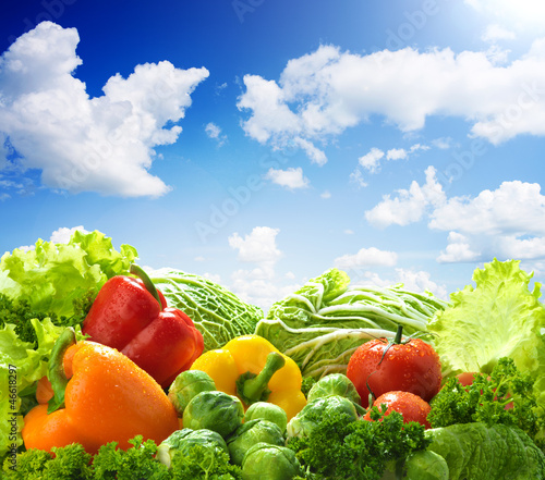 Photo: Healthy food landscape against sunny blue sky. Mixed vegetables Healthy food landscape against sunny blue sky. Mixed vegetables