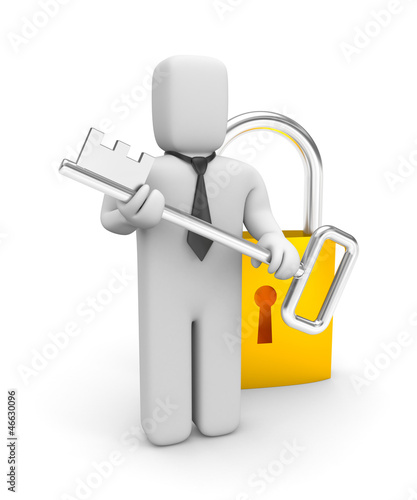 Illustration: Businessman with key and padlock Businessman with key and padlock