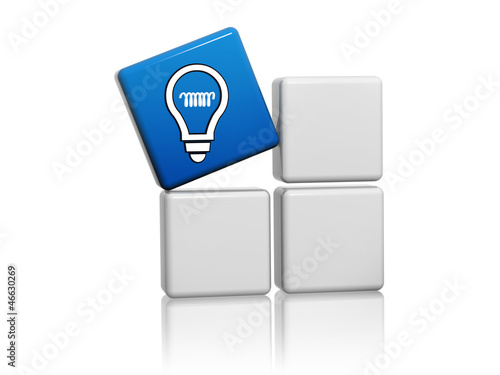 Illustration: blue cube with idea symbol like light bulb icon on boxes blue cube with idea symbol like light bulb icon on boxes
