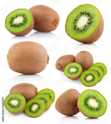 Photo: Set of kiwi fruits with slices isolated on white Set of kiwi fruits with slices isolated on white