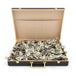 Suitcase with Heap of Dollar Bills Inside on white background