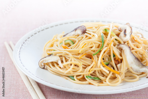 Photo: fried noodles with vegetables and shiitake fried noodles with vegetables and shiitake